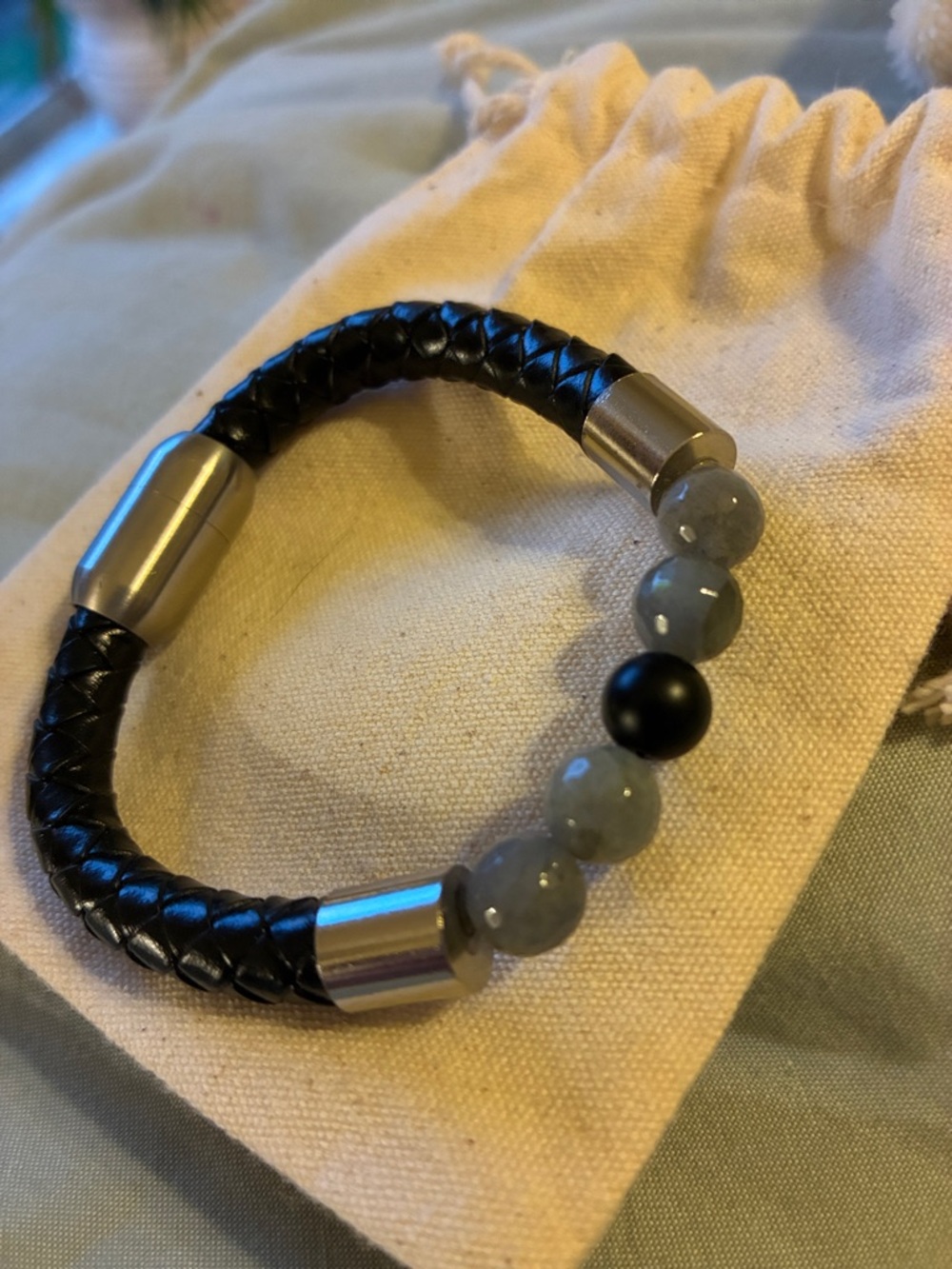 Black Braided Leather Bracelet with Labradorite Stones and Black Accent Bead